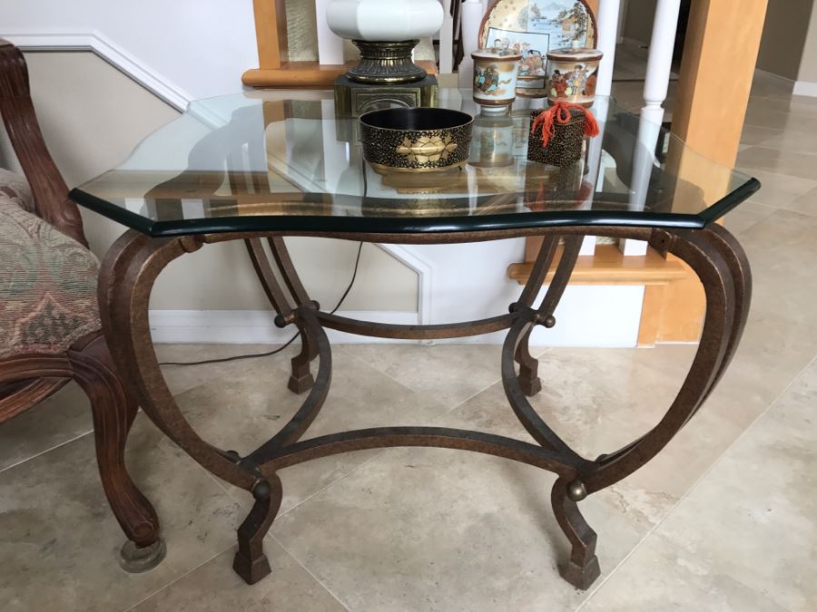 Pair Of Gilt Metal Glass Top Side Tables - See Photos 27' X 27' X 22'H [Photo 1]