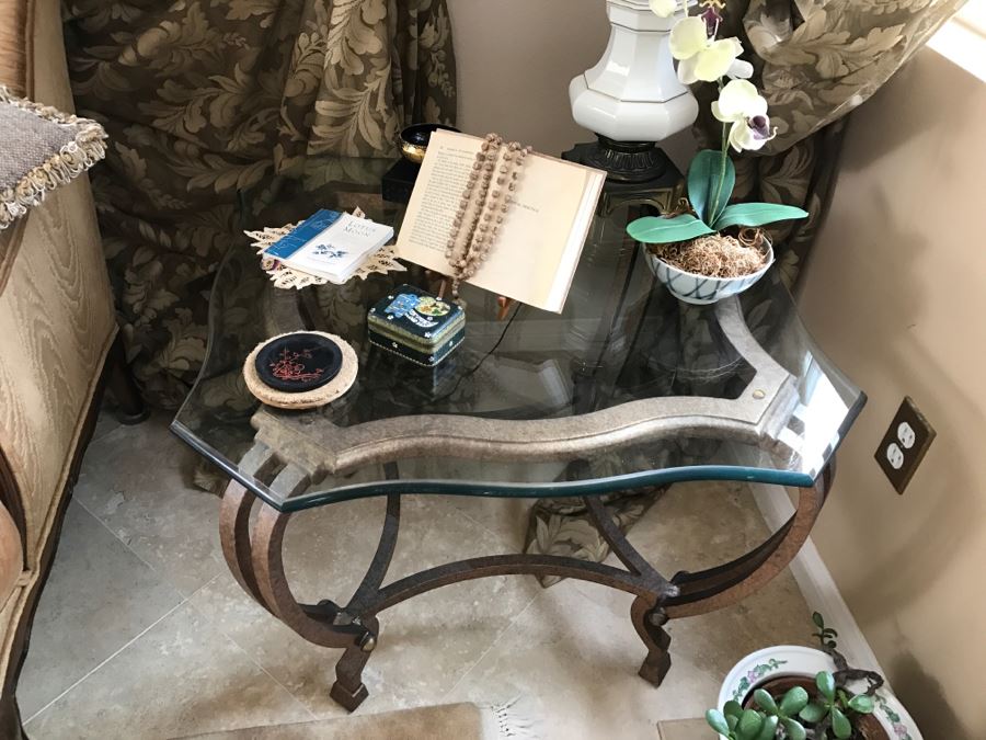 Pair Of Gilt Metal Glass Top Side Tables - See Photos 27' X 27' X 22'H [Photo 2]