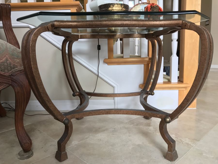 Pair Of Gilt Metal Glass Top Side Tables - See Photos 27' X 27' X 22'H [Photo 4]
