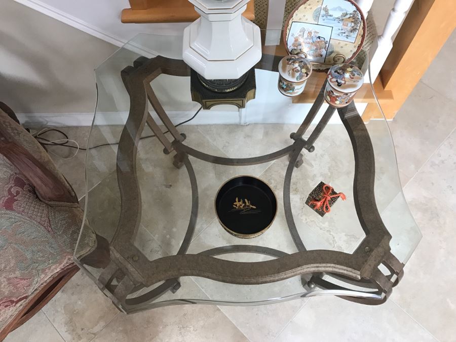 Pair Of Gilt Metal Glass Top Side Tables - See Photos 27' X 27' X 22'H [Photo 8]