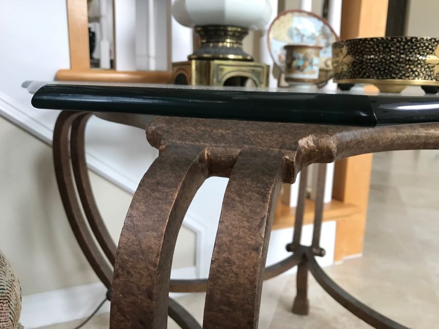 Pair Of Gilt Metal Glass Top Side Tables - See Photos 27' X 27' X 22'H [Photo 7]