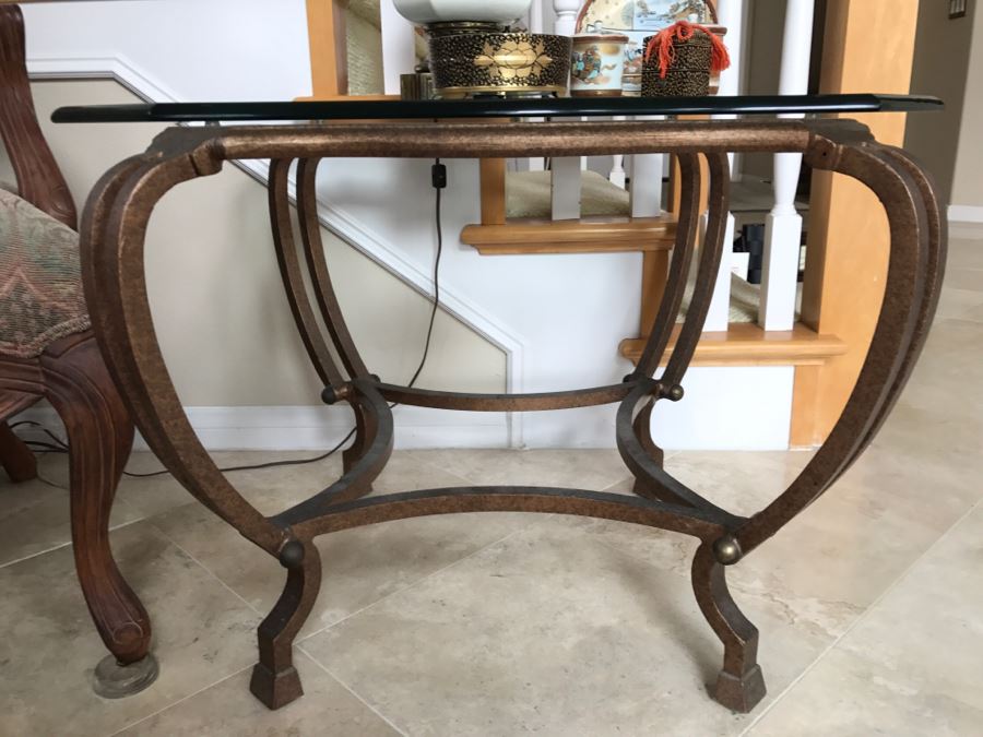 Pair Of Gilt Metal Glass Top Side Tables - See Photos 27' X 27' X 22'H [Photo 3]