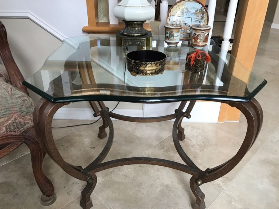 Pair Of Gilt Metal Glass Top Side Tables - See Photos 27' X 27' X 22'H [Photo 5]
