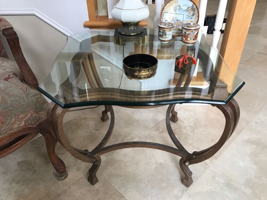 Pair Of Gilt Metal Glass Top Side Tables - See Photos 27' X 27' X 22'H [Photo 9]