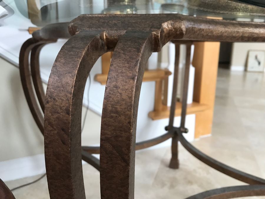 Pair Of Gilt Metal Glass Top Side Tables - See Photos 27' X 27' X 22'H [Photo 6]