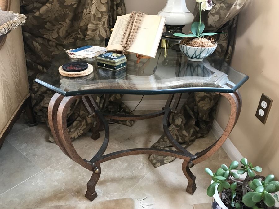 Pair Of Gilt Metal Glass Top Side Tables - See Photos 27' X 27' X 22'H [Photo 10]
