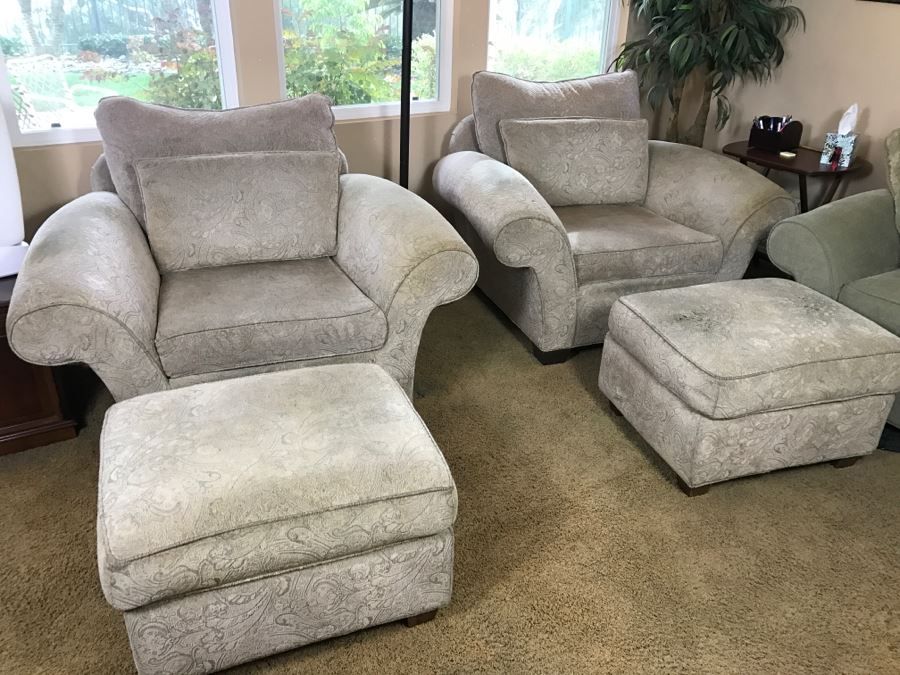 Pair Of Large Upholstered Armchairs With Matching Ottomans 51'W [Photo 1]