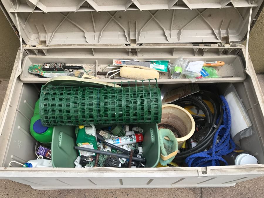 Suncast Plastic Outdoor Storage Container With Various Gardening Supplies Including Pots [Photo 6]