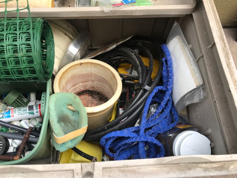 Suncast Plastic Outdoor Storage Container With Various Gardening Supplies Including Pots [Photo 11]