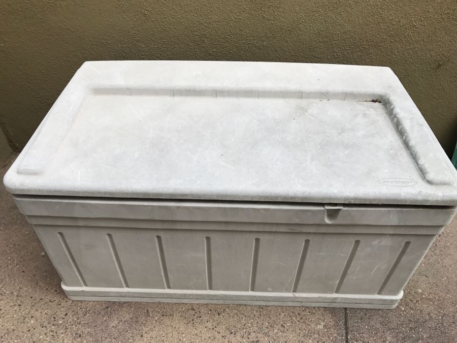 Suncast Plastic Outdoor Storage Container With Various Gardening Supplies Including Pots [Photo 3]