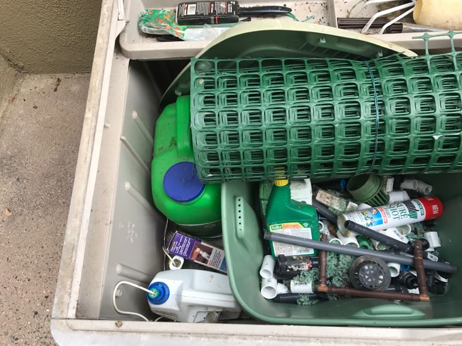 Suncast Plastic Outdoor Storage Container With Various Gardening Supplies Including Pots [Photo 10]