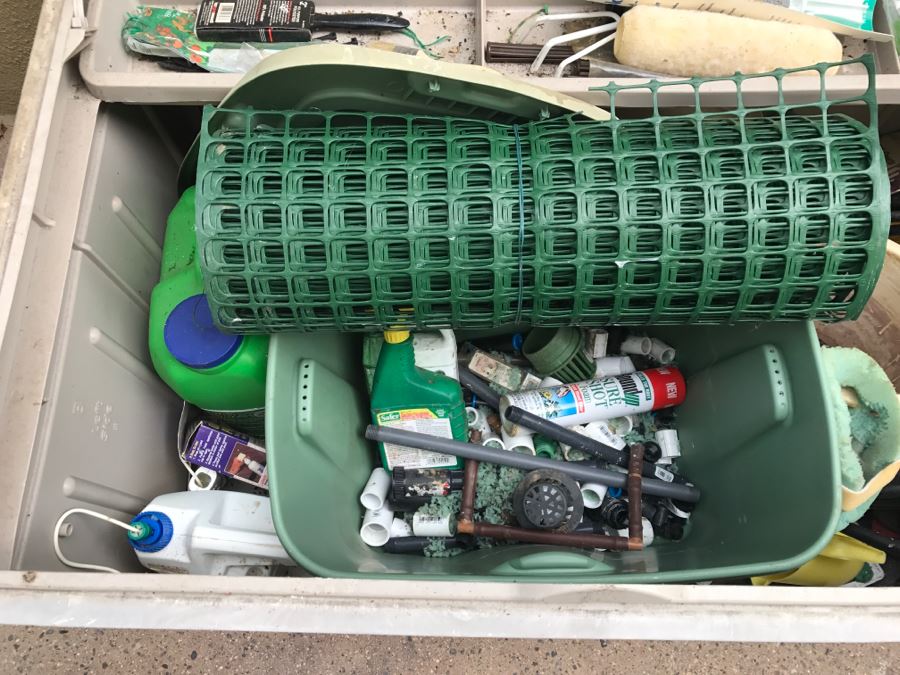 Suncast Plastic Outdoor Storage Container With Various Gardening Supplies Including Pots [Photo 9]