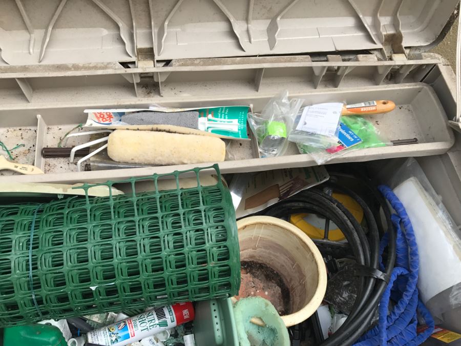 Suncast Plastic Outdoor Storage Container With Various Gardening Supplies Including Pots [Photo 8]