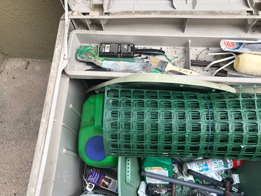 Suncast Plastic Outdoor Storage Container With Various Gardening Supplies Including Pots [Photo 7]