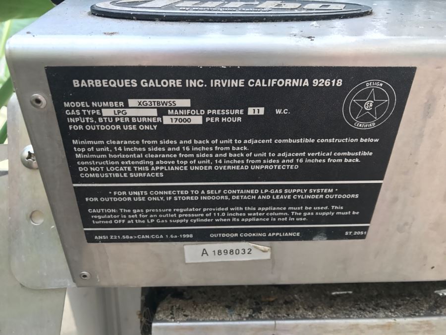 Outdoor BBQ Grill Turbo By Barbeques Galore Model XG3TBWSS [Photo 8]