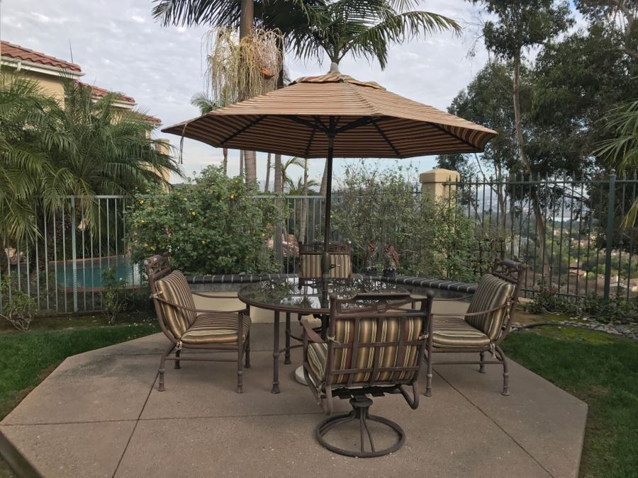 Outdoor Aluminum Round Table With Umbrella, 2 Aluminum Swivel Chairs And 2 Aluminum Armchairs [Photo 14]