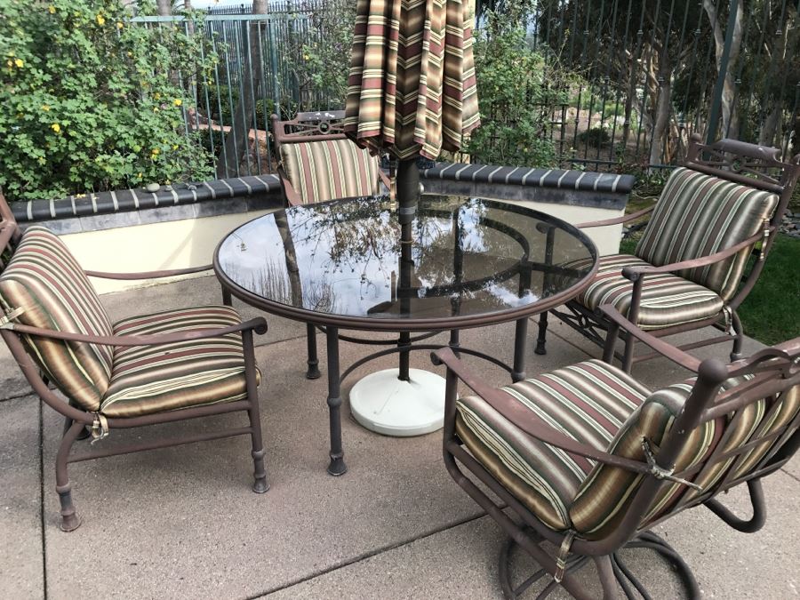 Outdoor Aluminum Round Table With Umbrella, 2 Aluminum Swivel Chairs And 2 Aluminum Armchairs [Photo 5]