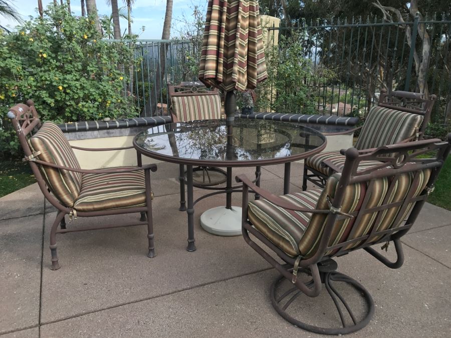 Outdoor Aluminum Round Table With Umbrella, 2 Aluminum Swivel Chairs And 2 Aluminum Armchairs [Photo 4]