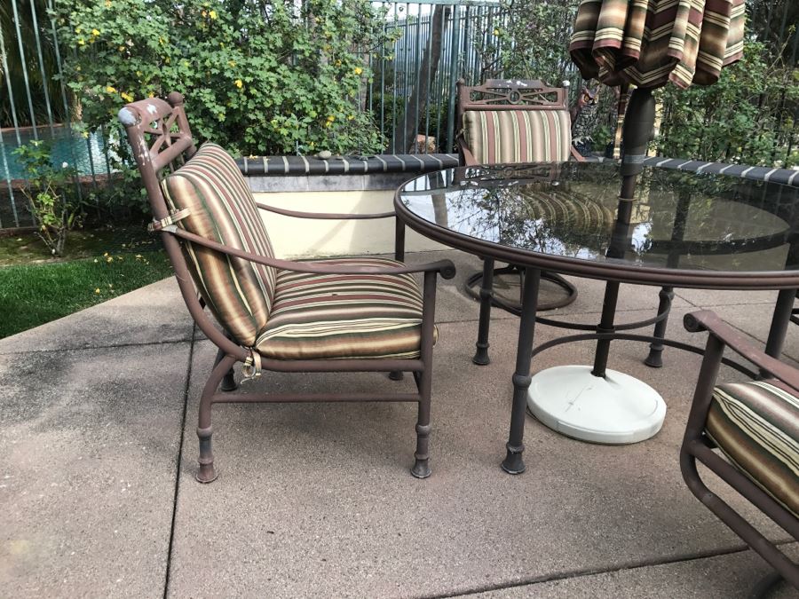 Outdoor Aluminum Round Table With Umbrella, 2 Aluminum Swivel Chairs And 2 Aluminum Armchairs [Photo 6]