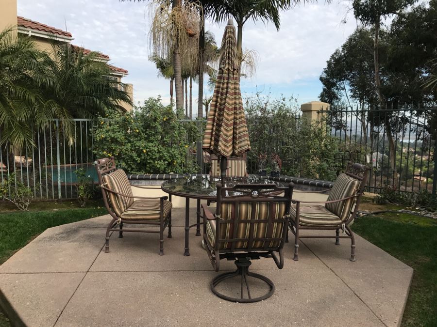 Outdoor Aluminum Round Table With Umbrella, 2 Aluminum Swivel Chairs And 2 Aluminum Armchairs [Photo 2]