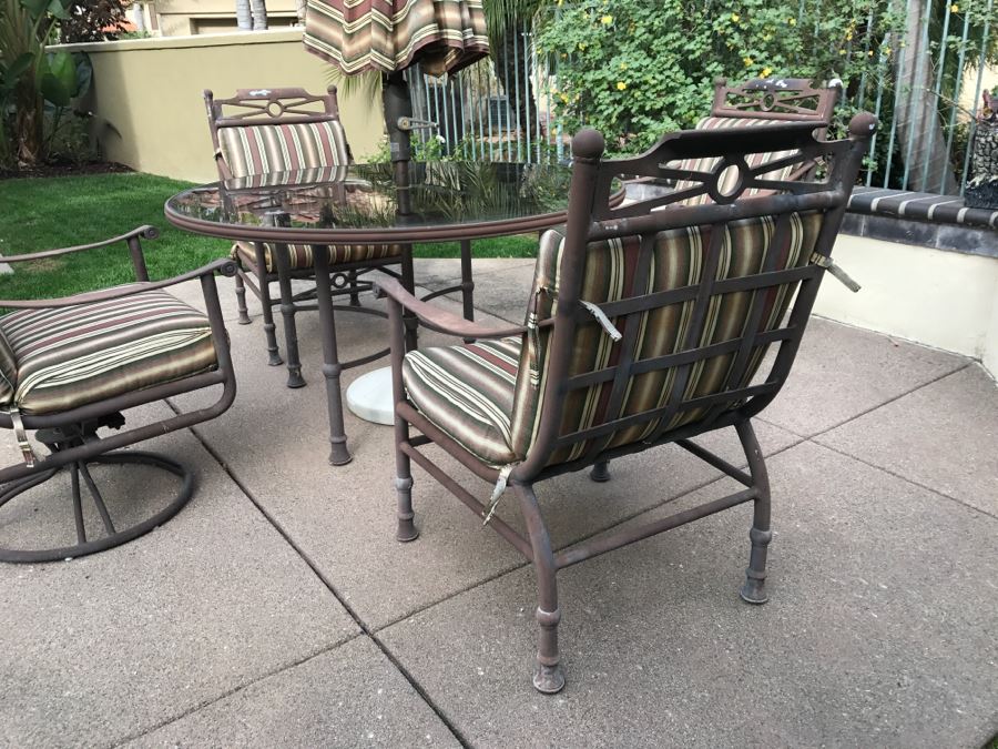 Outdoor Aluminum Round Table With Umbrella, 2 Aluminum Swivel Chairs And 2 Aluminum Armchairs [Photo 7]