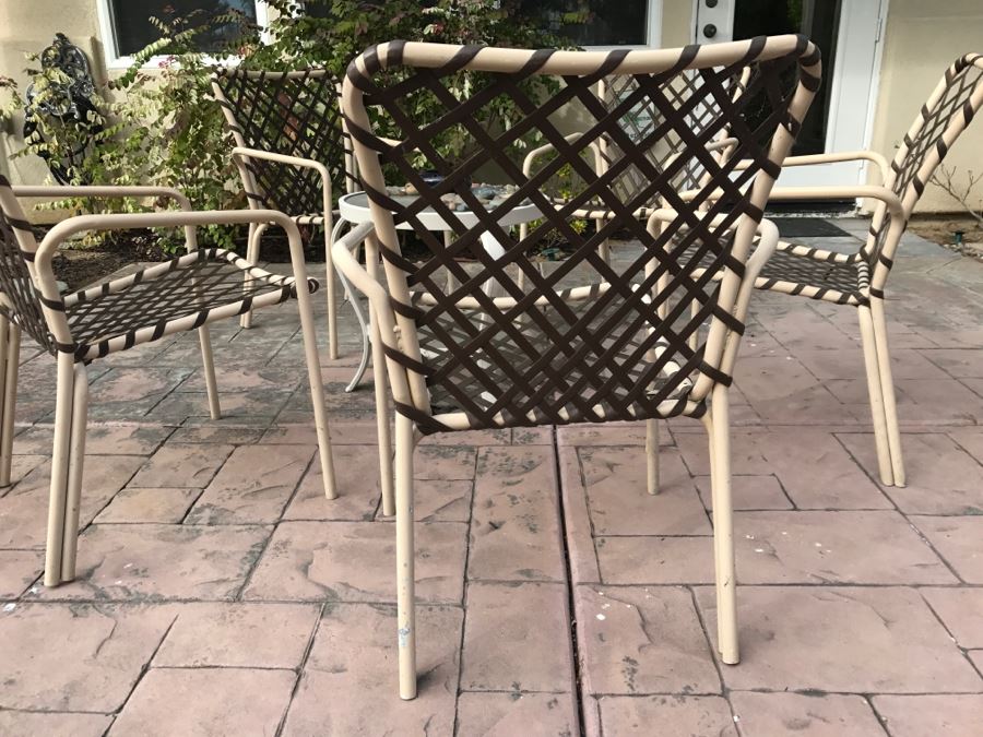 (5) Outdoor Aluminum Chairs With Vinyl Straps In A Cross-Lace Pattern With Round 2-Tier Table And Pot [Photo 4]