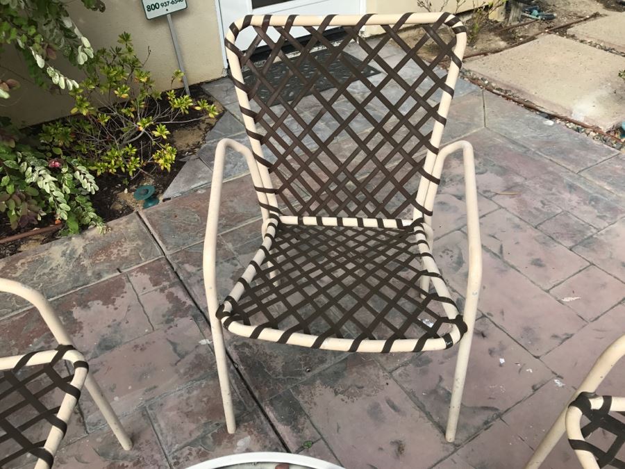 (5) Outdoor Aluminum Chairs With Vinyl Straps In A Cross-Lace Pattern With Round 2-Tier Table And Pot [Photo 8]