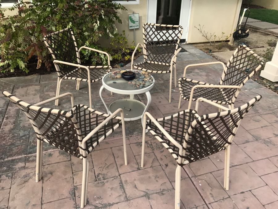 (5) Outdoor Aluminum Chairs With Vinyl Straps In A Cross-Lace Pattern With Round 2-Tier Table And Pot [Photo 2]