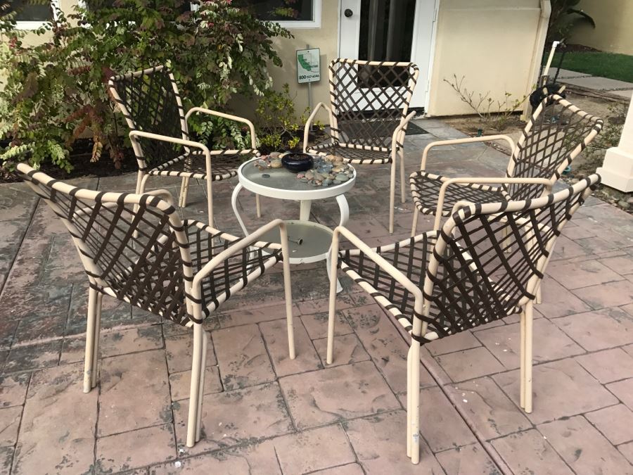 (5) Outdoor Aluminum Chairs With Vinyl Straps In A Cross-Lace Pattern With Round 2-Tier Table And Pot