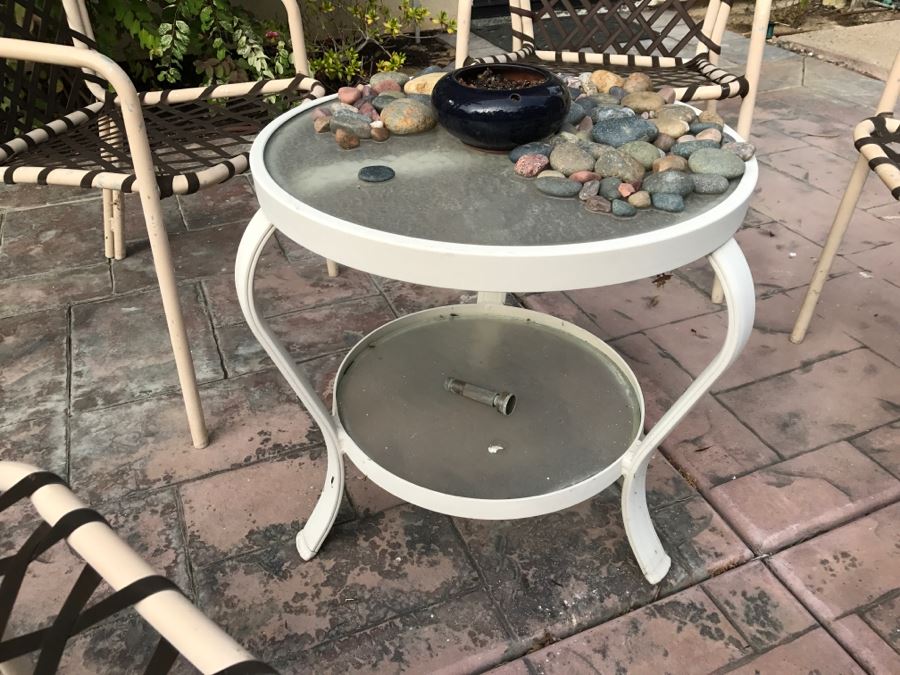 (5) Outdoor Aluminum Chairs With Vinyl Straps In A Cross-Lace Pattern With Round 2-Tier Table And Pot [Photo 6]