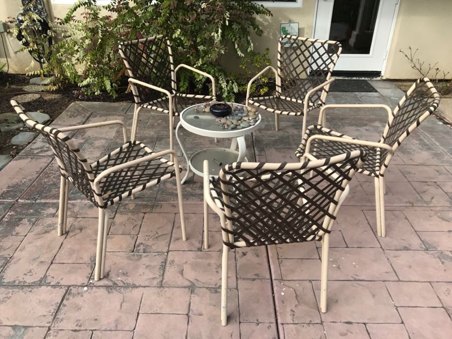 (5) Outdoor Aluminum Chairs With Vinyl Straps In A Cross-Lace Pattern With Round 2-Tier Table And Pot [Photo 3]
