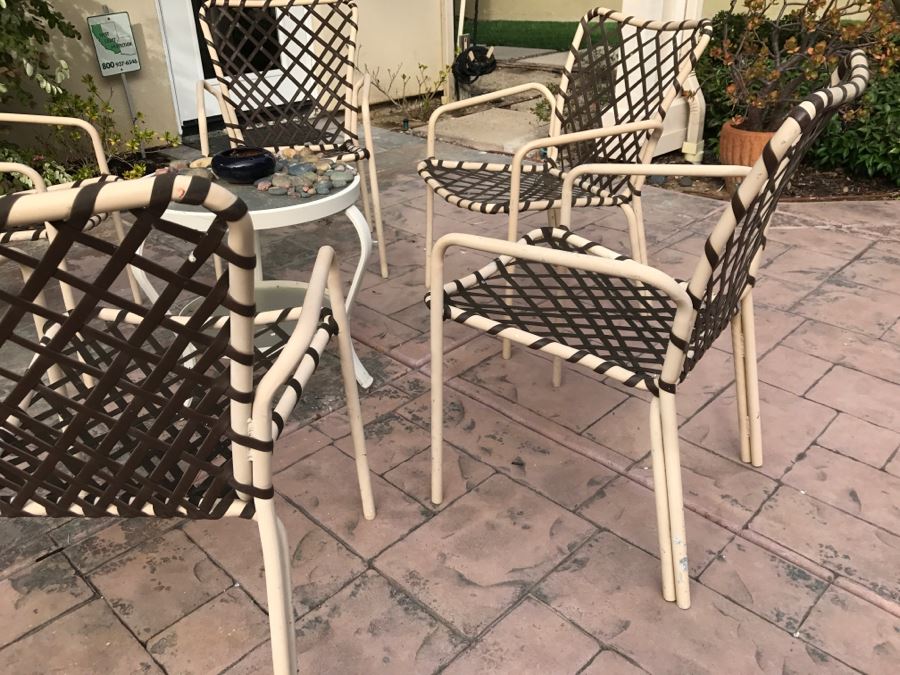 (5) Outdoor Aluminum Chairs With Vinyl Straps In A Cross-Lace Pattern With Round 2-Tier Table And Pot [Photo 5]