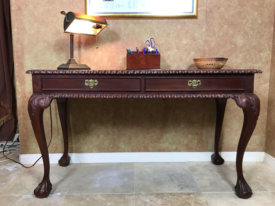 Wooden Ball And Claw Writing Desk With 2-Drawers With Desk Lamp, Desk Organizer And Basket With Office Supplies [Photo 3]