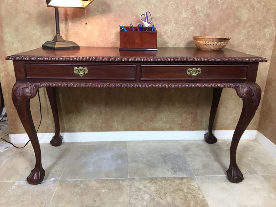 Wooden Ball And Claw Writing Desk With 2-Drawers With Desk Lamp, Desk Organizer And Basket With Office Supplies [Photo 4]