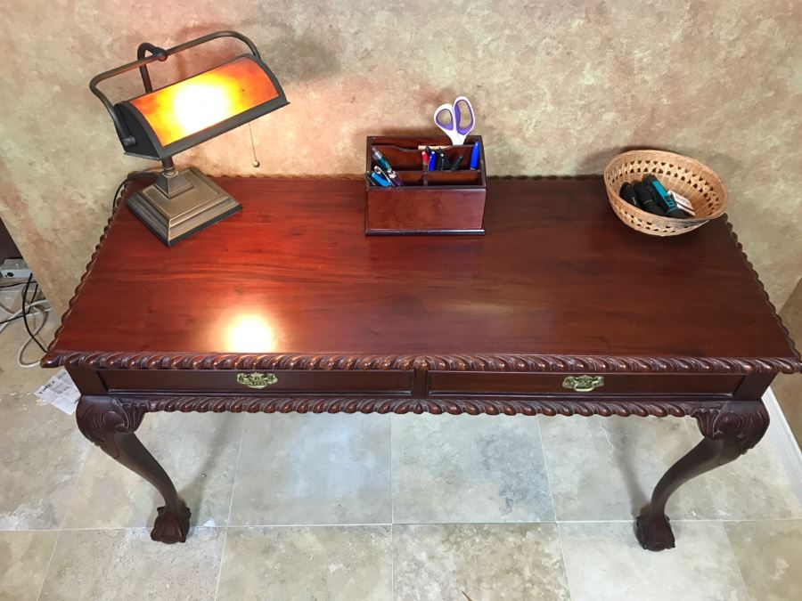 Wooden Ball And Claw Writing Desk With 2-Drawers With Desk Lamp, Desk Organizer And Basket With Office Supplies [Photo 11]