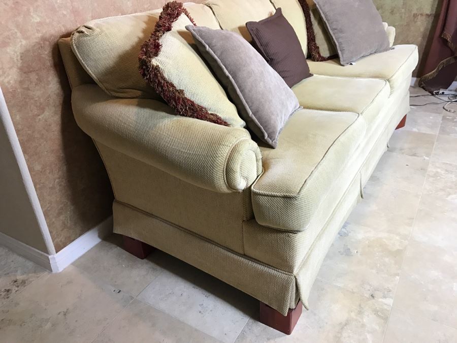 Cream Color Sofa With Throw Pillows Note Condition Of Fabric On Right   24013 37g7 