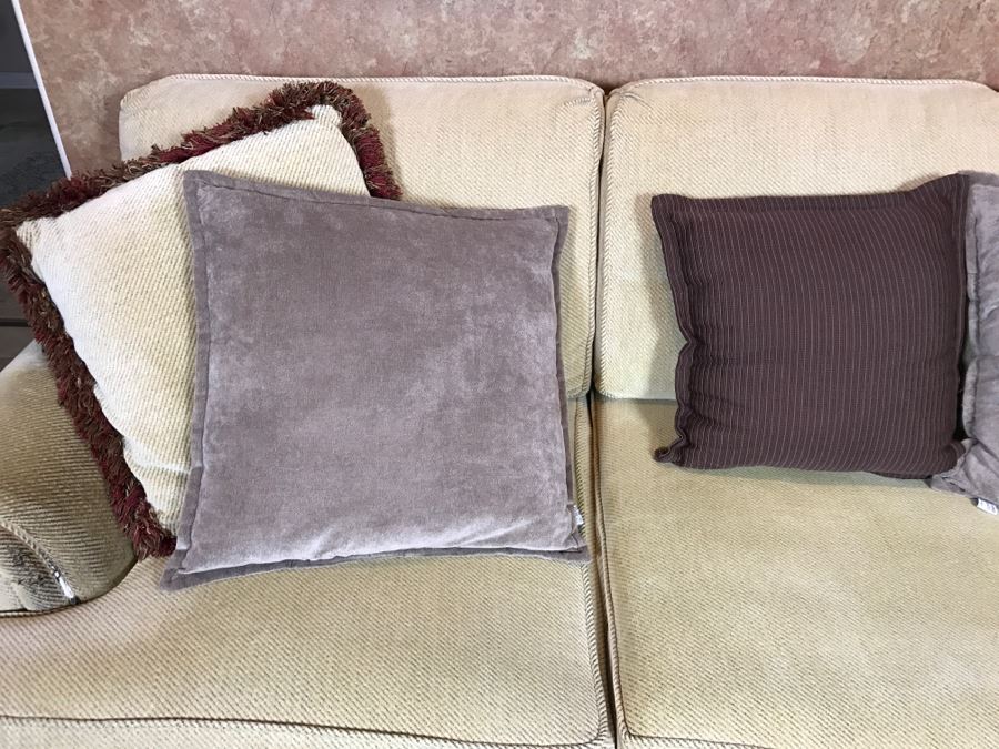 Cream Color Sofa With Throw Pillows - Note Condition Of Fabric On Right Arm In Photos 78'W [Photo 12]