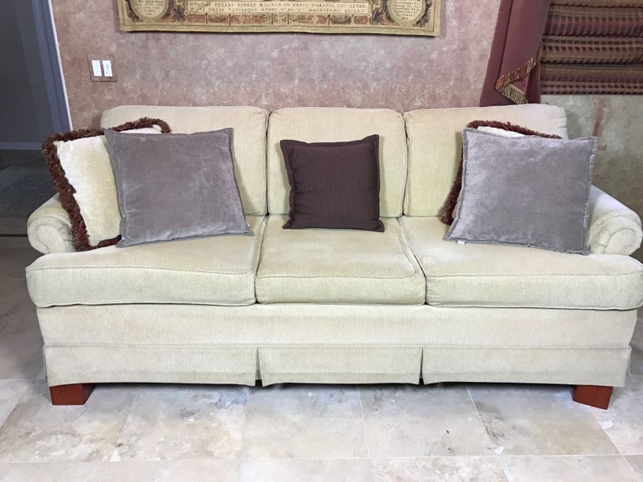 Cream Color Sofa With Throw Pillows - Note Condition Of Fabric On Right Arm In Photos 78'W [Photo 1]