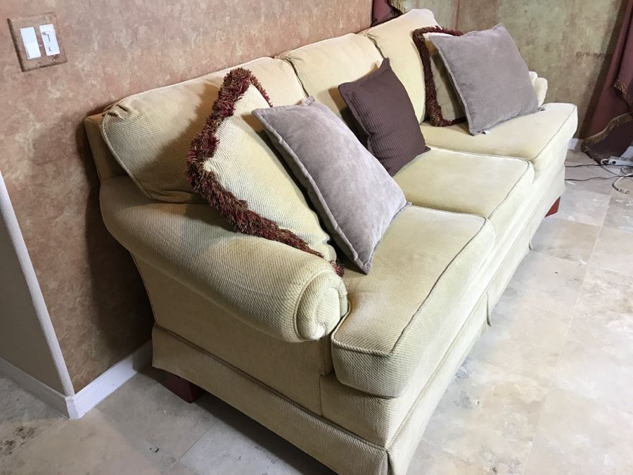Cream Color Sofa With Throw Pillows - Note Condition Of Fabric On Right Arm In Photos 78'W [Photo 3]