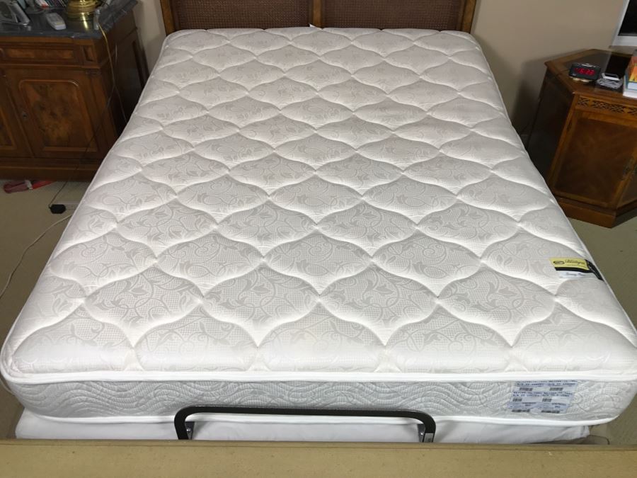 Vintage Queen Size Cane Headboard With Like NEW Simmons Beautyrest Luxury Firm Adjustable Series Mattress With Remote Control Featuring Wave And Vibration Settings - Located Upstairs [Photo 6]
