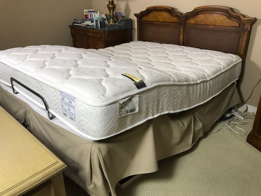 Vintage Queen Size Cane Headboard With Like NEW Simmons Beautyrest Luxury Firm Adjustable Series Mattress With Remote Control Featuring Wave And Vibration Settings - Located Upstairs [Photo 1]