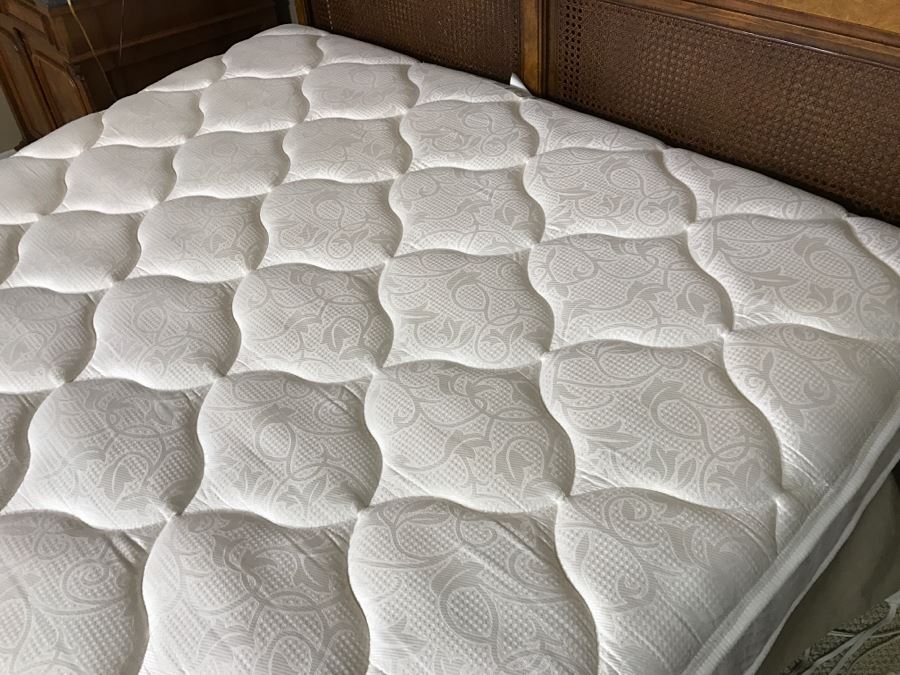 Vintage Queen Size Cane Headboard With Like NEW Simmons Beautyrest Luxury Firm Adjustable Series Mattress With Remote Control Featuring Wave And Vibration Settings - Located Upstairs [Photo 15]