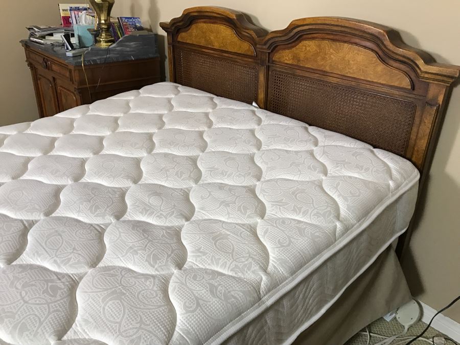 Vintage Queen Size Cane Headboard With Like NEW Simmons Beautyrest Luxury Firm Adjustable Series Mattress With Remote Control Featuring Wave And Vibration Settings - Located Upstairs [Photo 14]