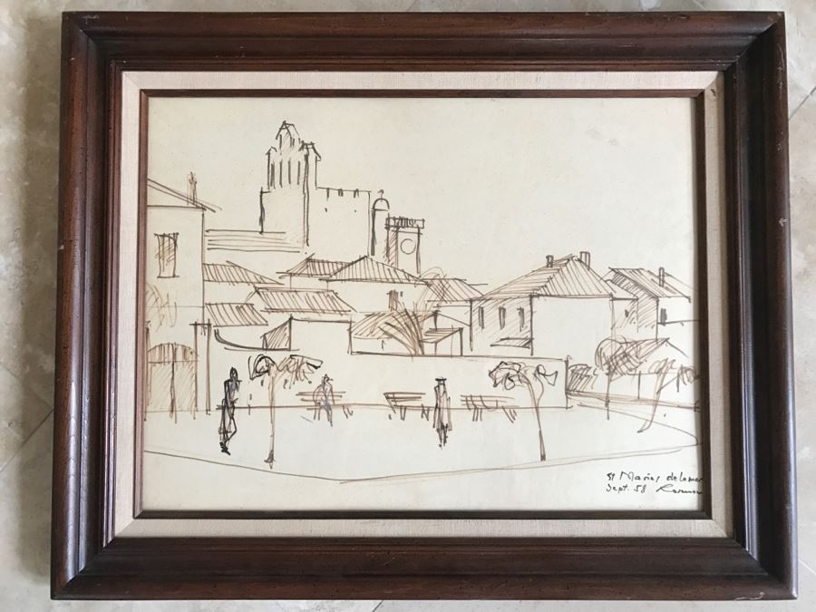 Original Hannes Rosenow Mid-Century Pen And Ink Sketch Sept. 1958 'St Maries De La Mer' Southern France Coast German Painter 1925-2000 [Photo 2]