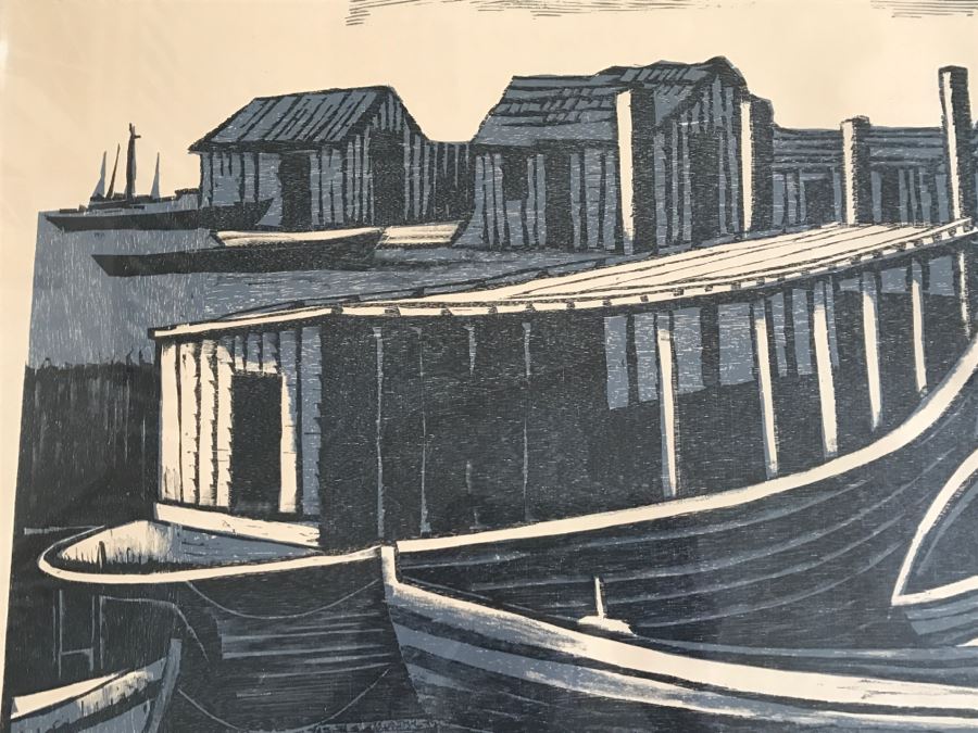 RARE Vintage 1958 Moshe Gat Original Woodcut Signed In Pencil Titled 'Fishing Village' [Photo 5]