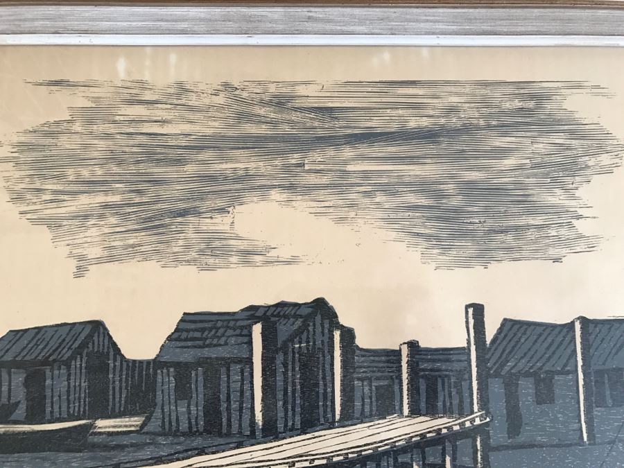 RARE Vintage 1958 Moshe Gat Original Woodcut Signed In Pencil Titled 'Fishing Village' [Photo 4]