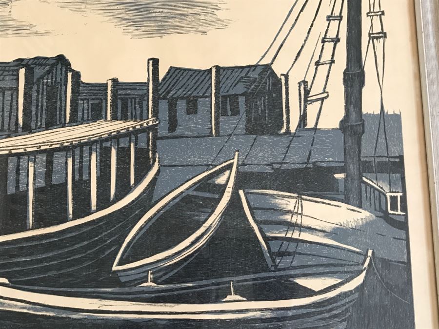 RARE Vintage 1958 Moshe Gat Original Woodcut Signed In Pencil Titled 'Fishing Village' [Photo 9]