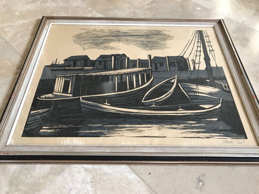 RARE Vintage 1958 Moshe Gat Original Woodcut Signed In Pencil Titled 'Fishing Village' [Photo 14]