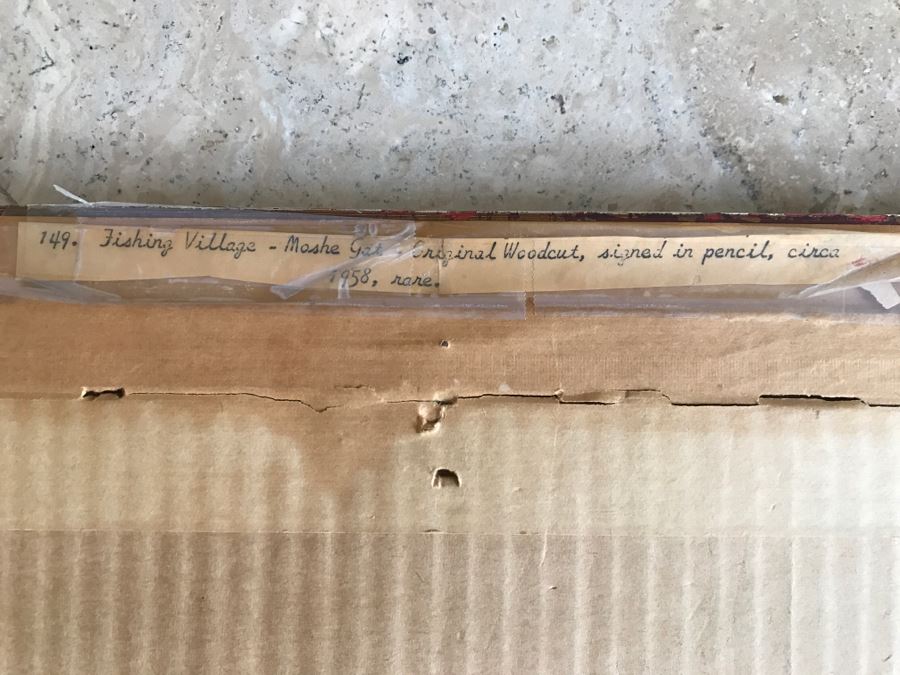 RARE Vintage 1958 Moshe Gat Original Woodcut Signed In Pencil Titled 'Fishing Village' [Photo 16]