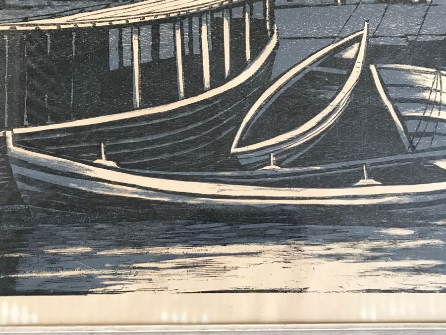RARE Vintage 1958 Moshe Gat Original Woodcut Signed In Pencil Titled 'Fishing Village' [Photo 7]